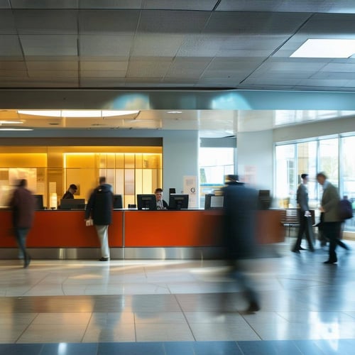 inside of a modern bank with tellers at the counter and people moving quickly as shown by motion blur