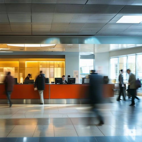 inside of a modern bank with tellers at the counter and people moving quickly as shown by motion blur inside of a modern bank with tellers at the counter and people moving quickly as shown by motion blur