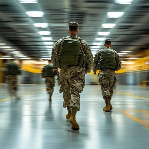 interior of a modern military base with 3 uniformed members walking around as indicated by severe motion blur