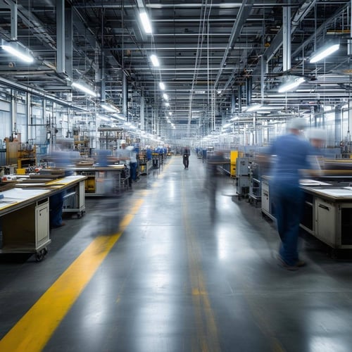 manufacturing floor with a handful of workers moving at their work stations as indicated by motion blur