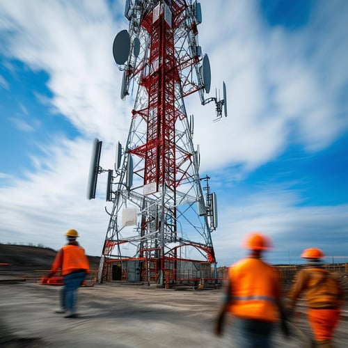 telecommunications tower with construction workers walking by as indicated with motion blur