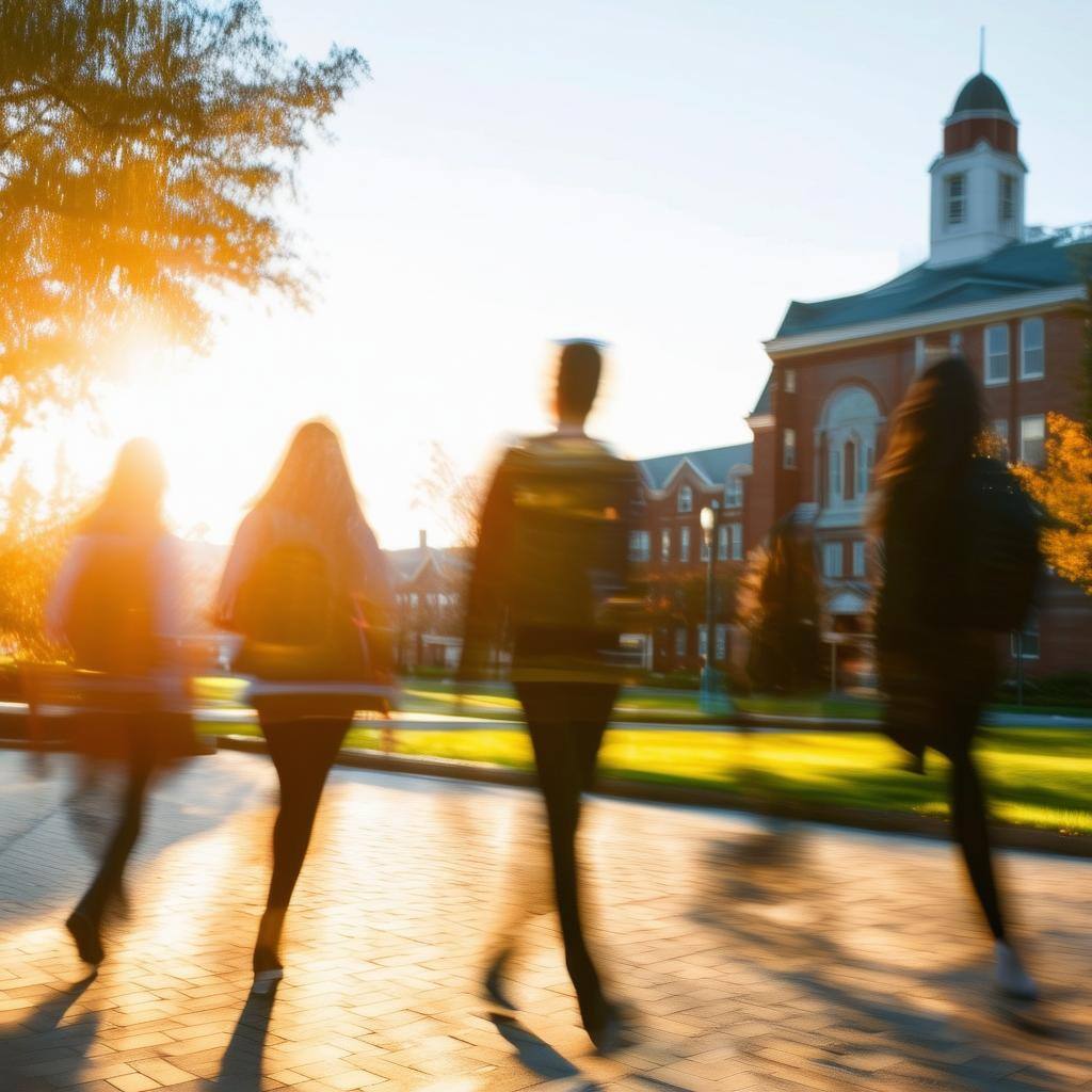 College campus with 4 students moving and clear motion blur