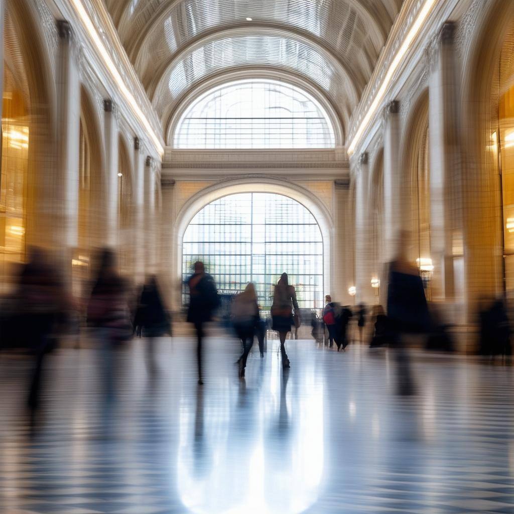 inside of a government building with people walking but motion blurred