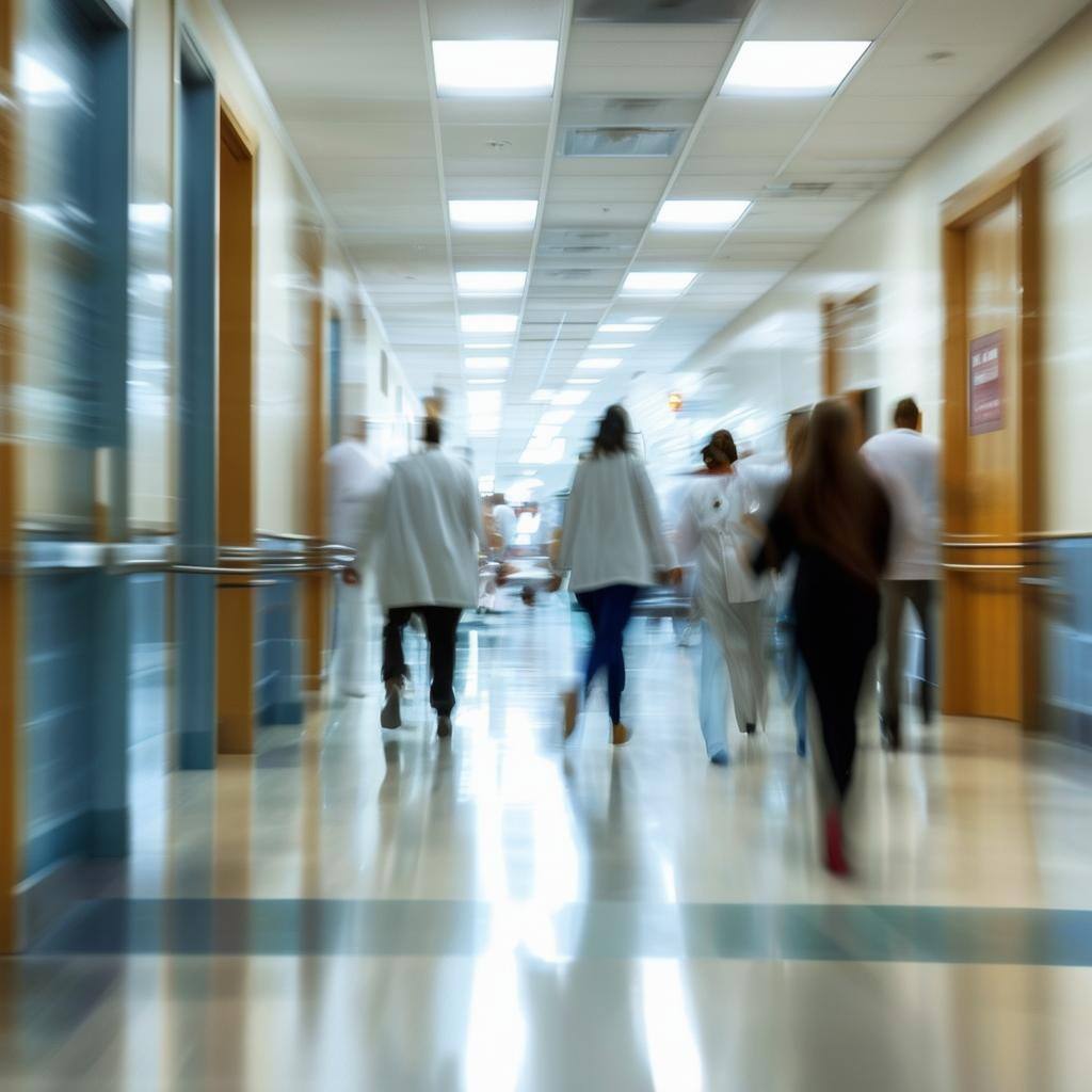 inside of a healthcare facility with people moving as indicated by motion blur