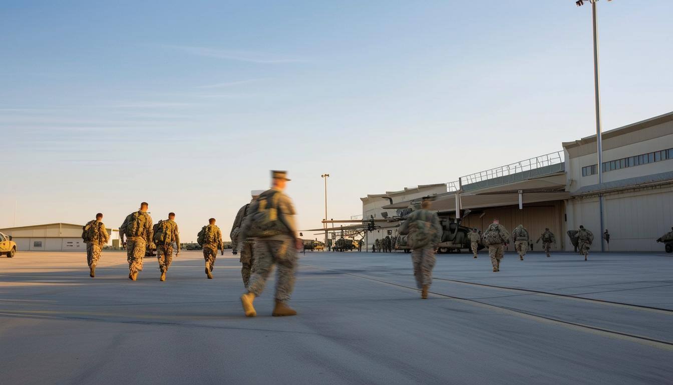 modern us military base with a handful of military personnel walking around as indicated by motion blur