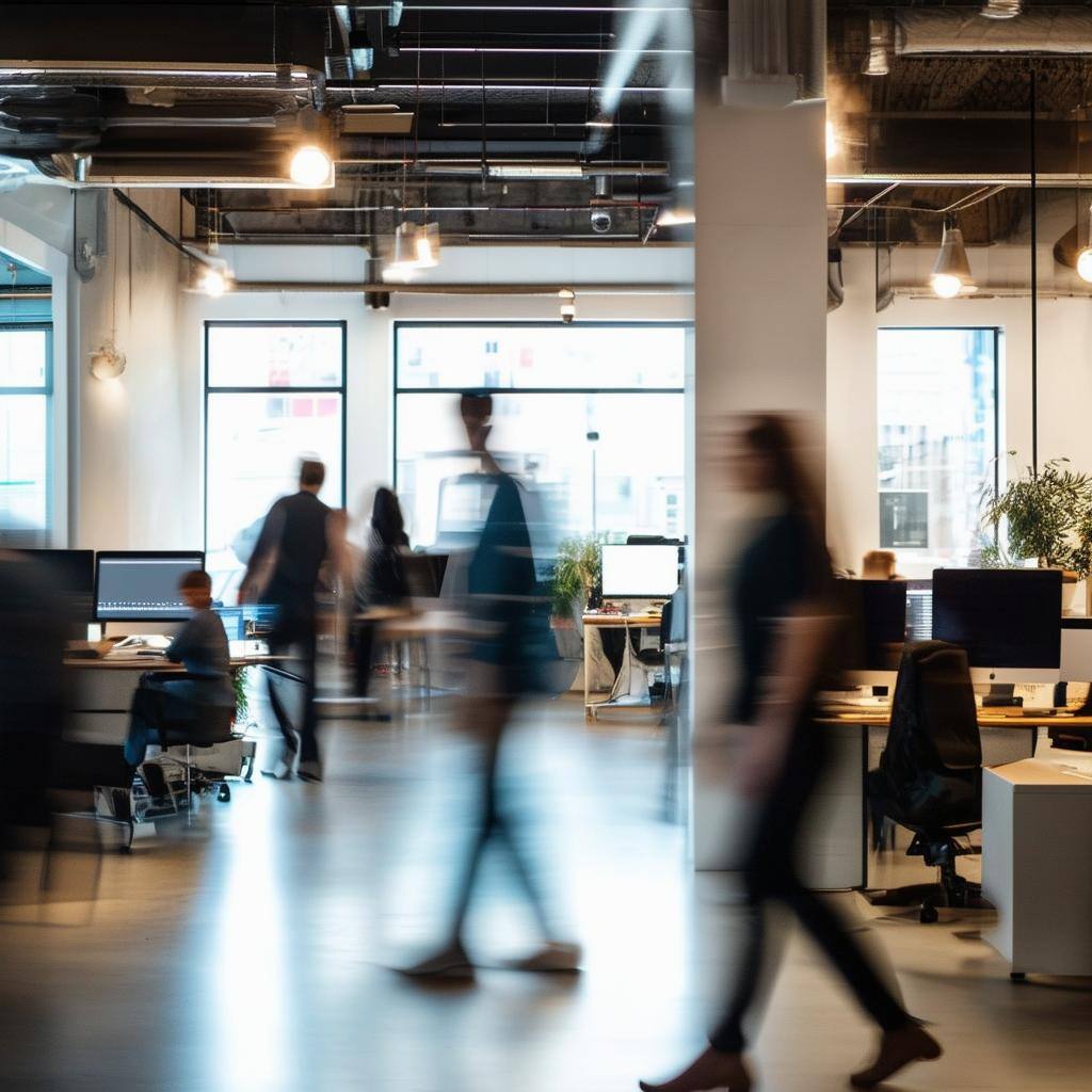 the interior of a hip advertising agency with people working at computers and also walking around